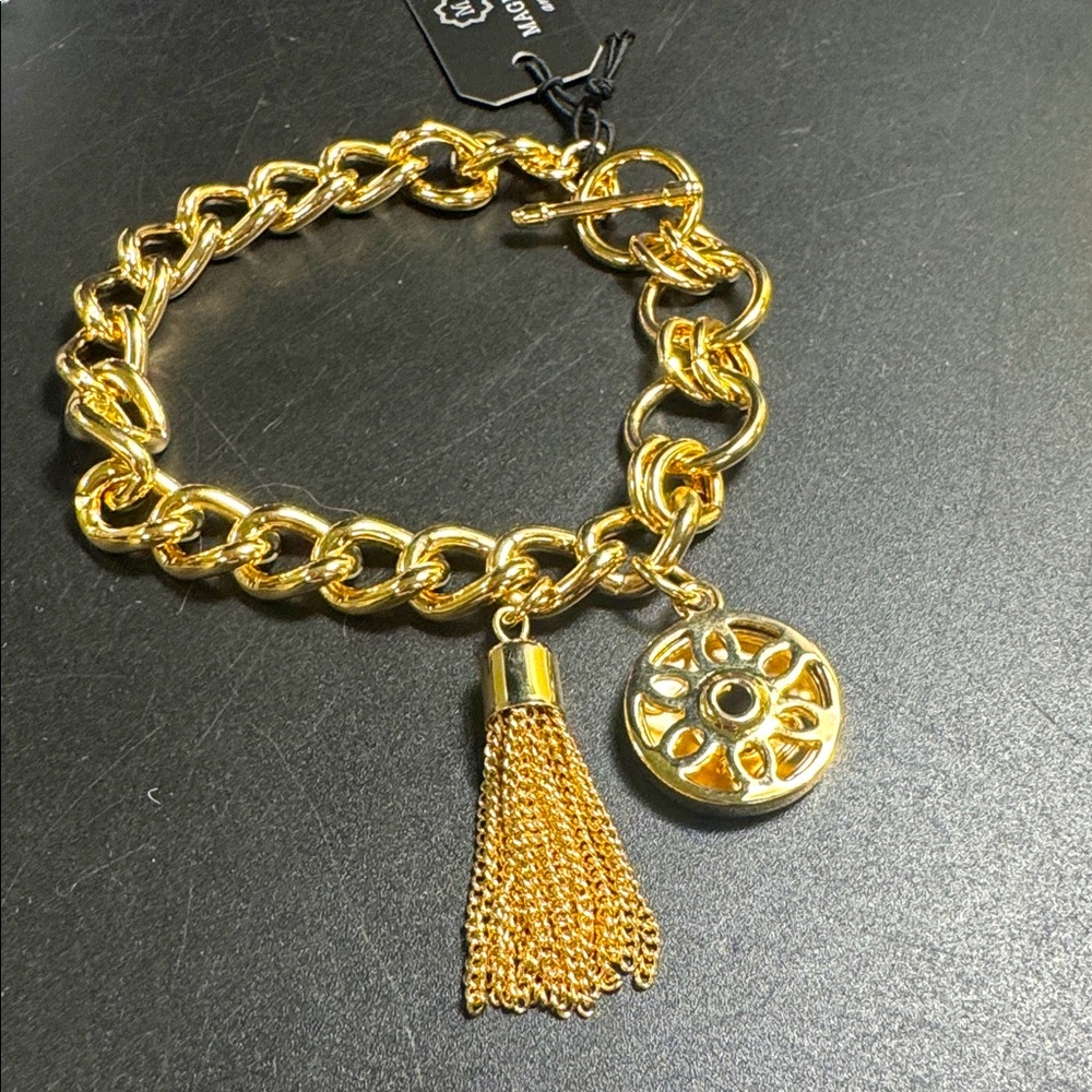 Magnolia and vine Bracelet with Tassel floral flower gold tone chain linked